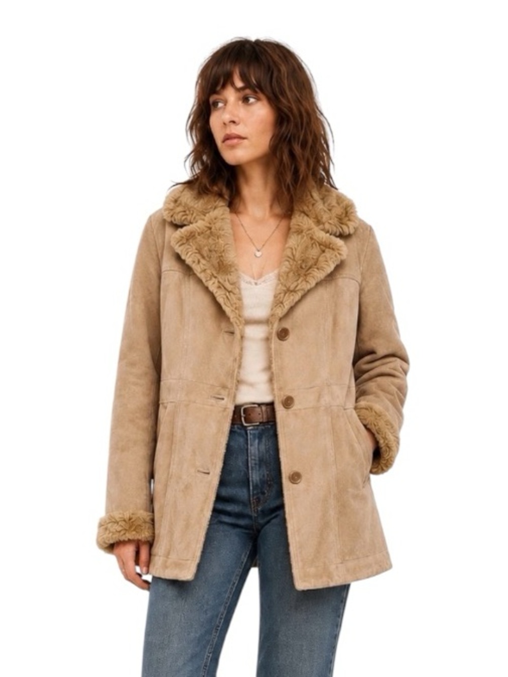 Tan leather Jacket or coat with faux fur collar size XL penny lane trendy style